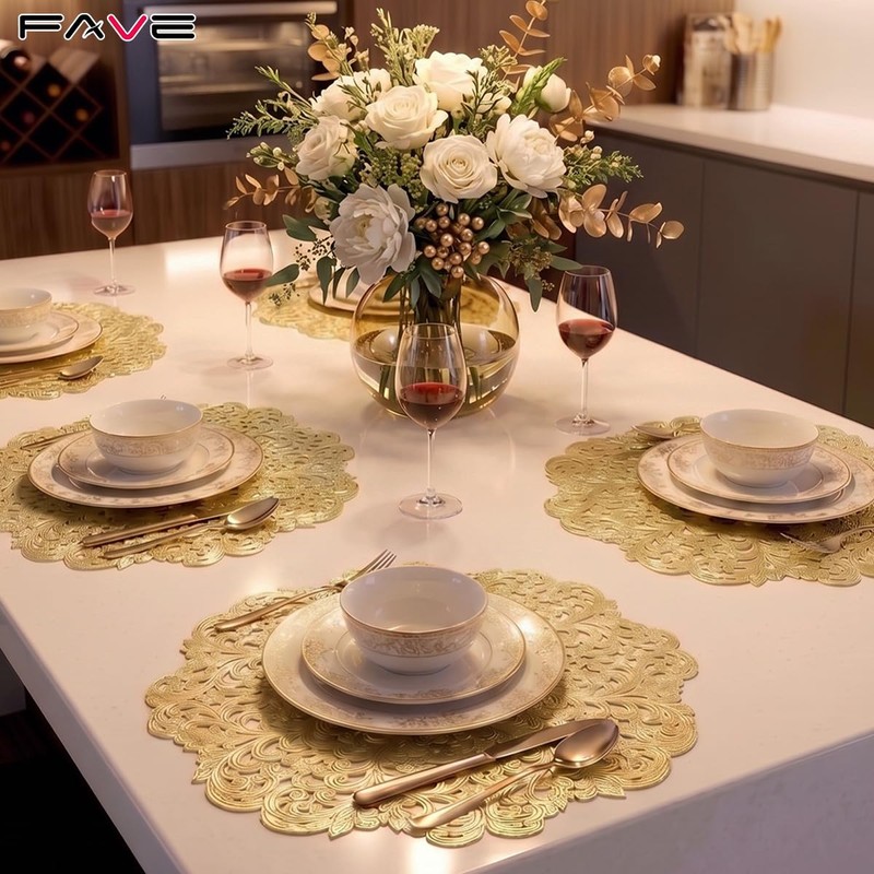 FAVE Gold Round Placemats Set of 6, Washable Place Mats