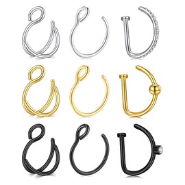 MODRSA Fake Nose Ring Hoop Faux Nose Rings Hoop Double Hoops Fake Lip Ring Clip on Nose Ring Clip on Earring Hoop Fake Nose Piercing Fake Hoop Earrings Silver Gold Black Lip Cuff Non Piercing