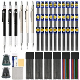 YOPEUC 47PCS Art Mechanical Pencil Set, Metal Artist Lead Pencils 0.5, 0.7, 0.9 mm, Clutch Propelling Drafting Pencil Set with 36 Tube Lead Refills Case, 3 Erasers, Metal Drafting Pencils for Sketch