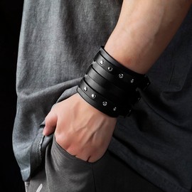 Eigso Pack of 2 PU Leather Punk Gothic Wide Bracelet with Clasp for Men and Women Adjustable, Leather, No gemstone