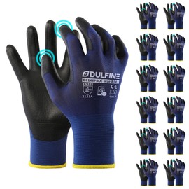 DULFINE Light Duty Work Gloves for Men and Women,Ultra Thin 18 Guage Seamless Knit with Foam PU Coated 12 Pairs Bulk Pack,All Finger Touchscreen,Ideal for Gardening,Warehouse,Electrical DIY