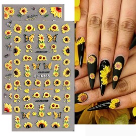 4Sheets Sunflowers Nail Art Stickers Decals 5D Embossed Summer Sun Flowers Nail Decals Engraved Flower Nail Sticker Designs Self-Adhesive Nail Sticker Supplies for Women Floral Manicure Decorations