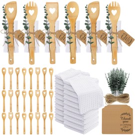Rtteri 24 Set Wedding Bridal Shower Party Favors Baby Shower Game Prizes Kitchen Utensils Set Bamboo Cooking Heart Hollow Spoons Artificial Eucalyptus Stems Waffle Towel and Thank You Tags for Guests