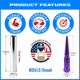 EZAccessory 12x1.5 Spline Spike Lug Nuts 24 Pieces Purple with Key, Bulge Acorn Lug Nut for 1995-2005 Chevy Blazer S10 GMC Jimmy S15 1995-2015 Toyota Tundra 2000-2006 Toyota Tacoma