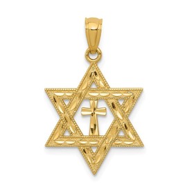 JewelryWeb 14k Yellow Gold Messianic Textured Religious Judaica Star of David With Cross Pendant - 16mm x 22mm - Star of David with Cross Necklace - Interfaith Gift for her