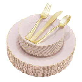 YOUBET 125Pieces Pink Plastic Plates with Gold Rim-Gold Plastic Silverware Include 25 Dinner Plates 25 Dessert Plates 75 Gold Silverwares for Mothers Day Wedding Birthday Valentine & Easter Parties