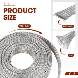 Tinned Copper Braid Cable Wire Shielding Sleeve Ground Straps Protection Flat Metal Mesh Flexible Expandable (9/16 in Wide(0.36 in Dia)-28ft)