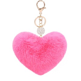 Women's Heart Faux Fur Pom Pom Key Chains Bag Accessory Puffball Keyring Backpack Charms for Girls(rose red)