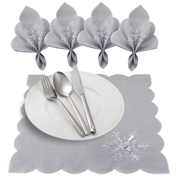 OWENIE Christmas Table Napkins Cloth Set of 4, Embroidered Snowflake