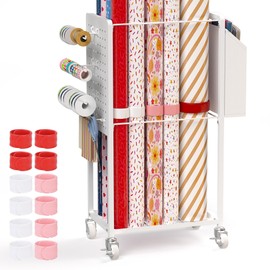 Sunnacate Wrapping Paper Organizer Cart with 12PCS Slap Bands, Rolling Gift Wrapping Organizer Storage Wrapping Paper Station Ribbon Holder, Blueprint Poster Holder, Craft Organizers and Storage