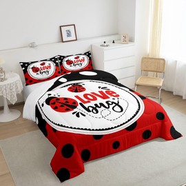 Homewish Ladybug Comforter Set,Wave Point Bedding Set for Kids Girls Women,Adults Red and Black Comforter,Cute Ladybug Quilted Duvet Set Bedroom Collection Twin Size 2Pcs