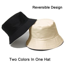 NPJY Reversible Bucket Hat for Women Men Cotton Summer Sun Beach Fishing Cap Small-Medium （Size: 22-22 3/4） Black/Beige