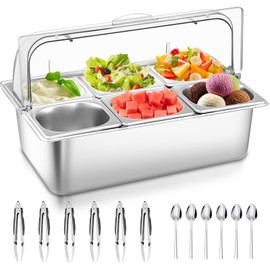 Countertop Food Serving Display Container with Clear Roll Top Cover, Stainless Steel Buffet Food Serving Tray, Condiment Serving Container Dispenser for Restaurant Kitchen Party(6 Compartments)