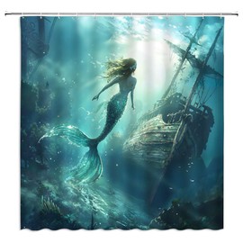 MUENKKCS Mermaid Shower Curtain Vintage Underwater Ocean Shipwreck Coastal Abstract Tropical Coral Fantasy Marine Life Bathroom Decor Polyester Curtains with Hooks,70Wx70L