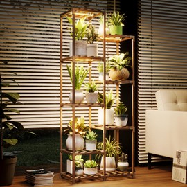 Bamworld Plant Stand with Grow Light Tall Plant Shelf for Mutiple Pots Large Wood Plant Holder Rack for Patio Living Room Balcony Warm Light
