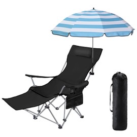 Karenhi 1 Set Beach Camping Chair with Umbrella for Adult Folding Reclining Camping Chair with Foot Rest Adjustable Clamp Canopy Shade for Outdoor Patio Beach Travel(Black)