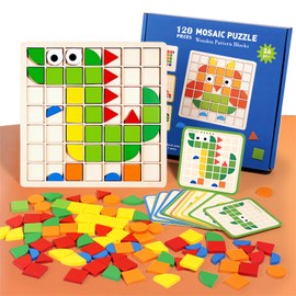 Mosaic Shape Wooden Pattern Blocks Puzzle, 120 PCS Wooden Pattern Blocks with 20 Pcs Design Cards,Kindergarten Classic Educational Geometric Shape Puzzle Toys for Kids Ages 4-8