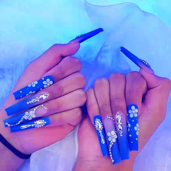 Rchovsam Long Coffin Press on Nails Dark Blue Matte Fake