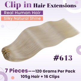 LaaVoo Clip in Hair Extensions Real Human Hair 7pcs 120g 18 inch Bleach Blonde Hair Extensions Clip in Remy Human Hair Extensions Clip in Real Hair #613