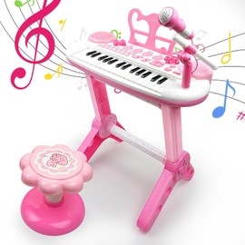 Kids Piano Toy Keyboard with Bench - Rose Pink 31 Keys Portable Electronic Multi-Functional Music Instrument with Microphone and Chair 3 4 5 Years Girls Birthday Gift