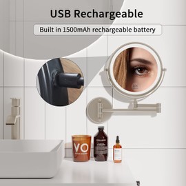 WZRUA Rechargeable Makeup Mirror Wall Mounted with Double Side 1X/10X Magnification,3 Color Lights Touch Screen and 360° Swivel Extendable(Brushed Grey)