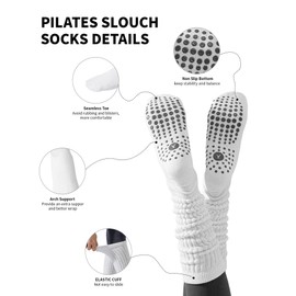 3 Pairs Slouchy Pilates Socks with Grips for Women Scrunch Yoga Grippy Non Slip Long Socks for Barre Workout (CA/US, Alpha, One Size, Regular, Regular, 3 Pairs White)