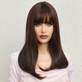 Unbranded Wig - Human Hair Blend - Long Straight Layered Dark Brown Bangs Heat Resistant
