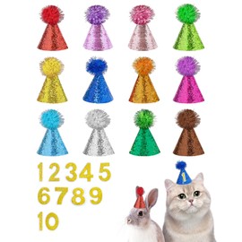 BIPY 12 Pack Mini Small Dog Birthday Party Hats for Puppies Cats Rabbits Stuffed Animals Kittens Adjustable Hat With Numbers Glue Dots Set for Holiday Wedding Costume Accessories