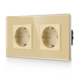 CNBINGO Glass Double Socket Flush-Mounted in Gold - Double Schuko Socket with Child Lock - 16 Amp Protective Contact Wall Socket with Glass Frame