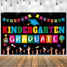 Premium Kindergarten Graduation Backdrop Banner, Large 72x44in, Classic Design, HQ Fabric, HD Printing, Perfect for Kindergarten Graduation Decorations, Kinder Pre k Preschool Grad Decorations, Black