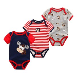 Kiddiezoom Baby Boys Pack of 3 Short-Sleeved Bodysuit Organic Onesies, Pack of 3 deer / print / striped
