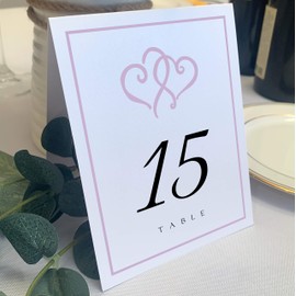 Linked Hearts and Border Wedding Table Numbers (Select Color/Quantity), White, Lavender, 1-90, Double Sided, Tent or Use in a Stand, Great for Parties & Restaurants