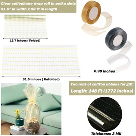 Clear Cellophane Wrap Roll 31.5" Wide x 98 Ft Long 3 Mil Thick Plastic Transparent Cello Wrapping for Gift Baskets, Flower Bouquets, Large Cellophane Sheets for Arts & Crafts, Golden Polka Dots