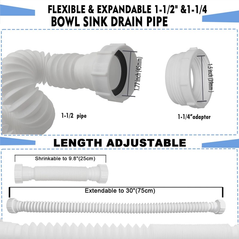 TGEOND Flexible P-Trap 1-1/2""with 1-1/4"" Adapter, Adjustable Sink Drain Pipe