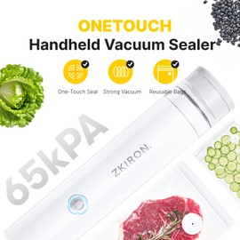 ZKIRON OneTouch Handheld Vacuum Sealer with 12 Reusable Vacuum Bags – Compact Food Sealer with Detachable Transparent Suction for Sous Vide, Meal Prep & Kitchen Storage, Portable Food Saver