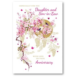 Nigel Quiney Daughter & Son-in-Law' Wedding Anniversary Large Card - Blossom & Swallows Embossed with Foil - Eco-Friendly & Recyclable
