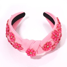 NLCAC Flower Headband for Women Girls Hot Pink Crystal Floral Headbands Jeweled Flower Knotted Headband Spring Summer Beach Headwear Hair Accessories Gifts