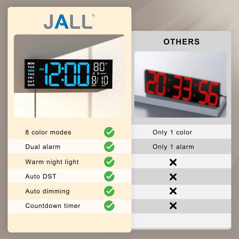 JALL 16" Large Digital Wall Mount Clock, Count Down Timer,