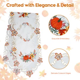 Jovialix Fall Table Runner 72 Inches Long - Ivory Cutwork Lace with Embroidered Pumpkins & Maple Leaves - Autumn Harvest Thanksgiving Table Decor for Dining Table & Coffee Table, Farmhouse Home Decor