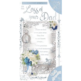 Loss Of Your Dad Sympathy Card Blue White Flowers with Silver Foil 9x4.75"