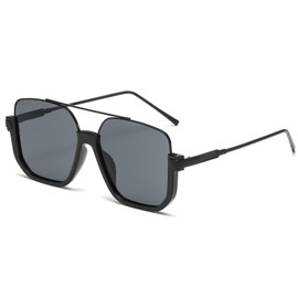 FLJMRAVER Vintage Square Oversized Aviator Sunglasses for Women Men Semi-Rimless Glasses 70s Trendy Stylish Shades(Black/Black)