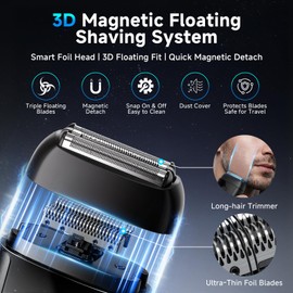 Electric Foil Shavers for Men: Mini Electric Razor with 3 Floating Blades, IPX7 Waterproof Foil Shaver, USB-C Rechargeable Shavers for Men with Travel Lock, Compact Grooming Gift for Home & Travel