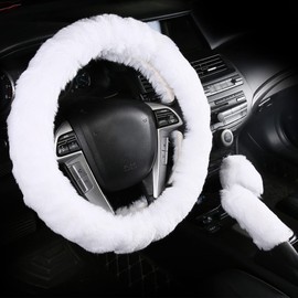 Cxtiy Car Steering Wheel Cover with Handbrake Cover & Gear Shift Cover, Fashion Steering Wheel Wrap Faux Wool Fluffy Soft and Warm in Winter Diameter 15 inch 3 Pcs 1 Set (White)