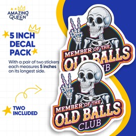 Old Balls Club Stickers - Skeleton Peace Sign - Funny Retro Stickers - 2 Pack - - 5" Wide Design - Adheres to Laptops, Tumblers, and More – Made in The USA - AQS2880