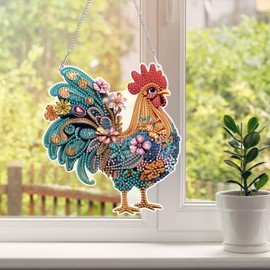 HEIBAGO Chicken Hanging Diamond Art Kits for Adults, Rooster Special Shaped Crystal Diamond Painting Ornament Kit, DIY Double-Sided Pattern Window Pendant Gem Art Kit for Home Wall Decor 8.3x8.3inch
