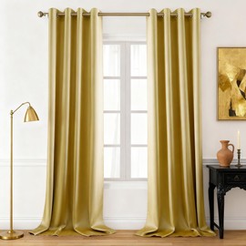 HOMEIDEAS 2 Panels Gold Faux Silk Blackout Luxury Curtains, 52 X 108 Inch Room Darkening Satin Thermal Insulated Vintage Christmas Window Drapes for Bedroom Decor, Indoor, Living Room