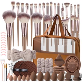 KUORYZAL Juego de brochas de maquillaje marrón profesional de 66 piezas con estuche sintético premium para base, corrector, rubor, sombra de ojos, polvo, contorno, kit de brochas de maquillaje para el