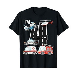 Emergency Vehicles 4th Birthday Fire Truck Police Car Boys T-Shirt