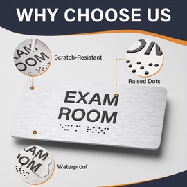 Exam Room Signs with Raised Text & Grade 2 Braille –, ADA Compliant, 7 Variants (EXAM, EXAM 1-6), Easy Install with Double-Sided Tape, Office & Medical Sign (7.8”W x 4”H)