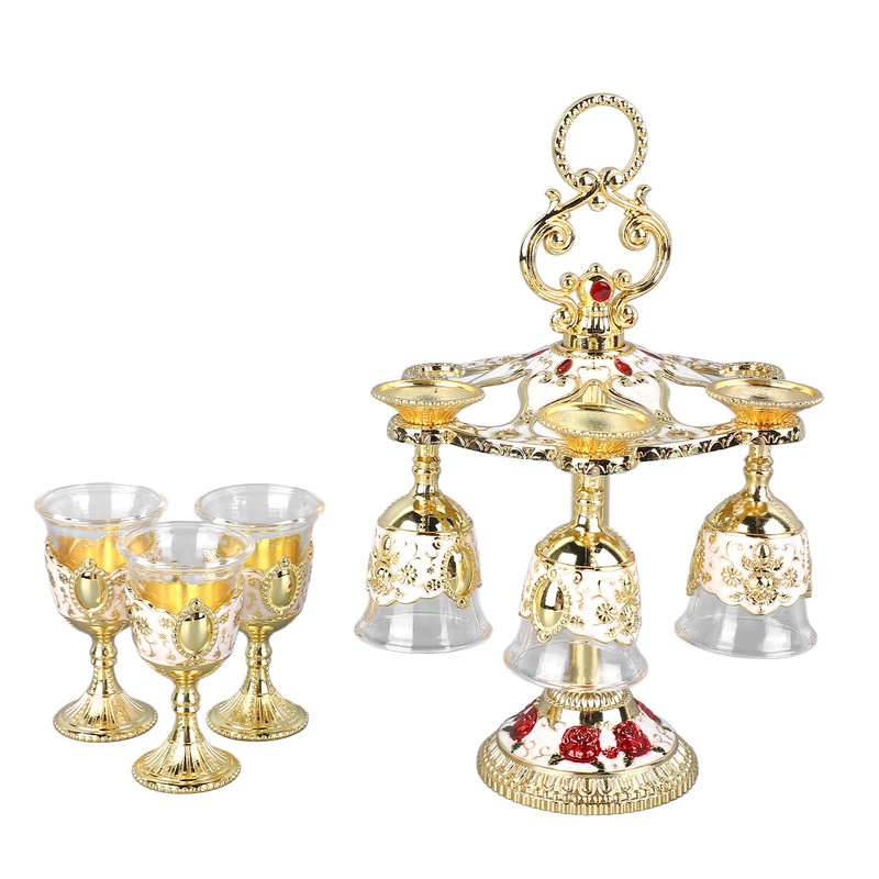 6Pcs Chinese Chalice Retro Style Zinc Alloy Glass Embossed Flower